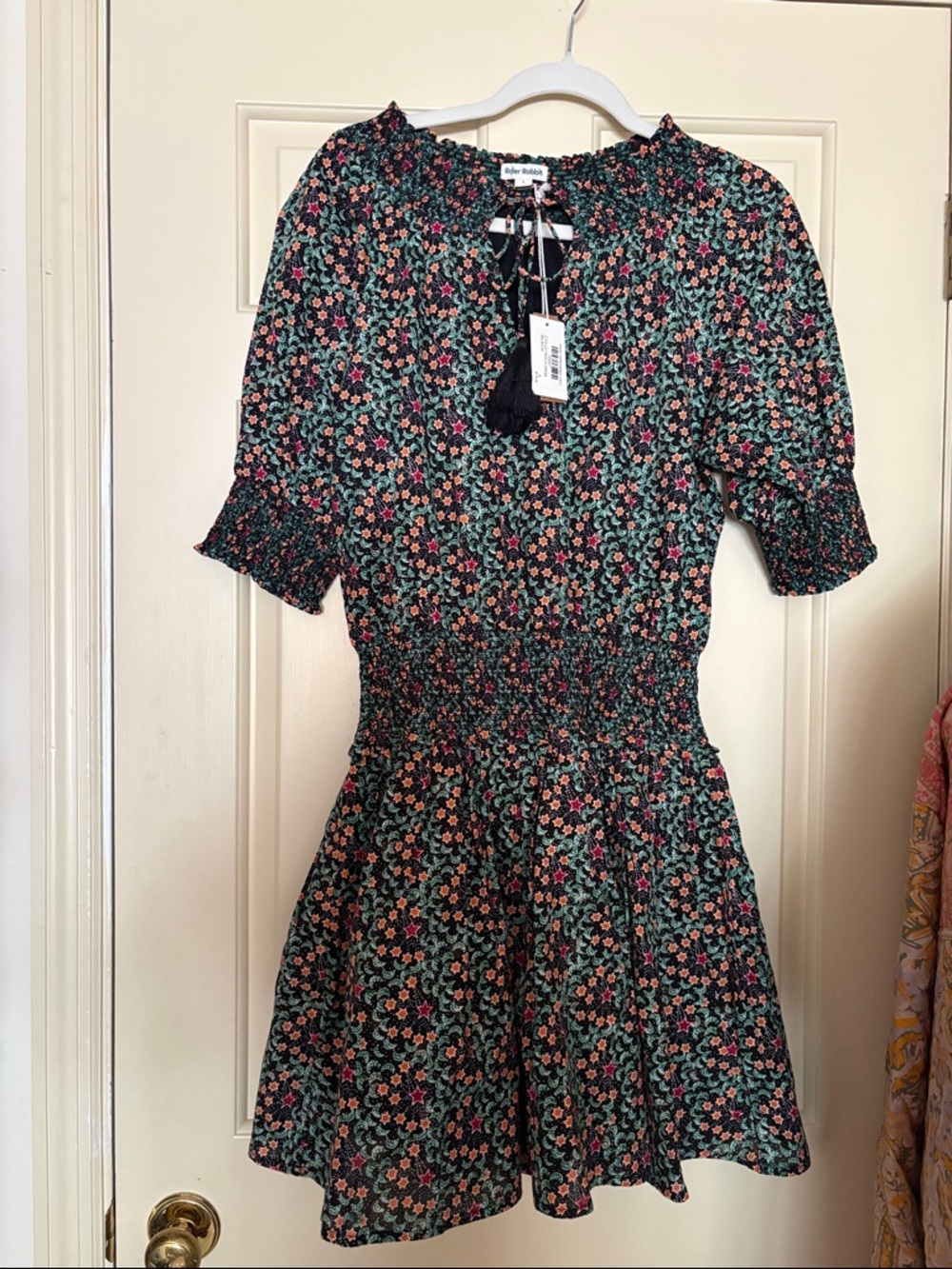 Roller Rabbit Black Floral Smocked Mini Dress with Coral and Green